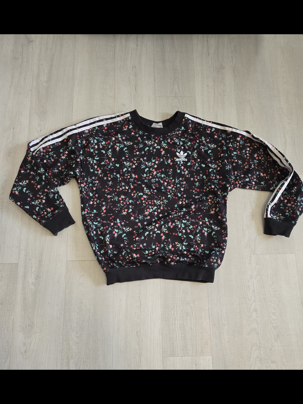 Adidas Women's Black Floral Crew Neck Sweatshirt with White Stripes
